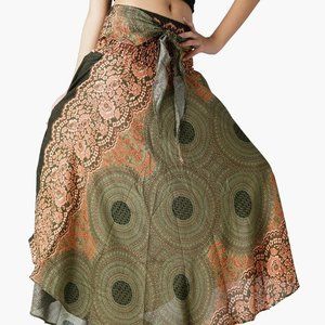 B BANGKOK PANTS Long Maxi Skirt Boho Gypsy Hippie Green Floral (One Size Fits)
